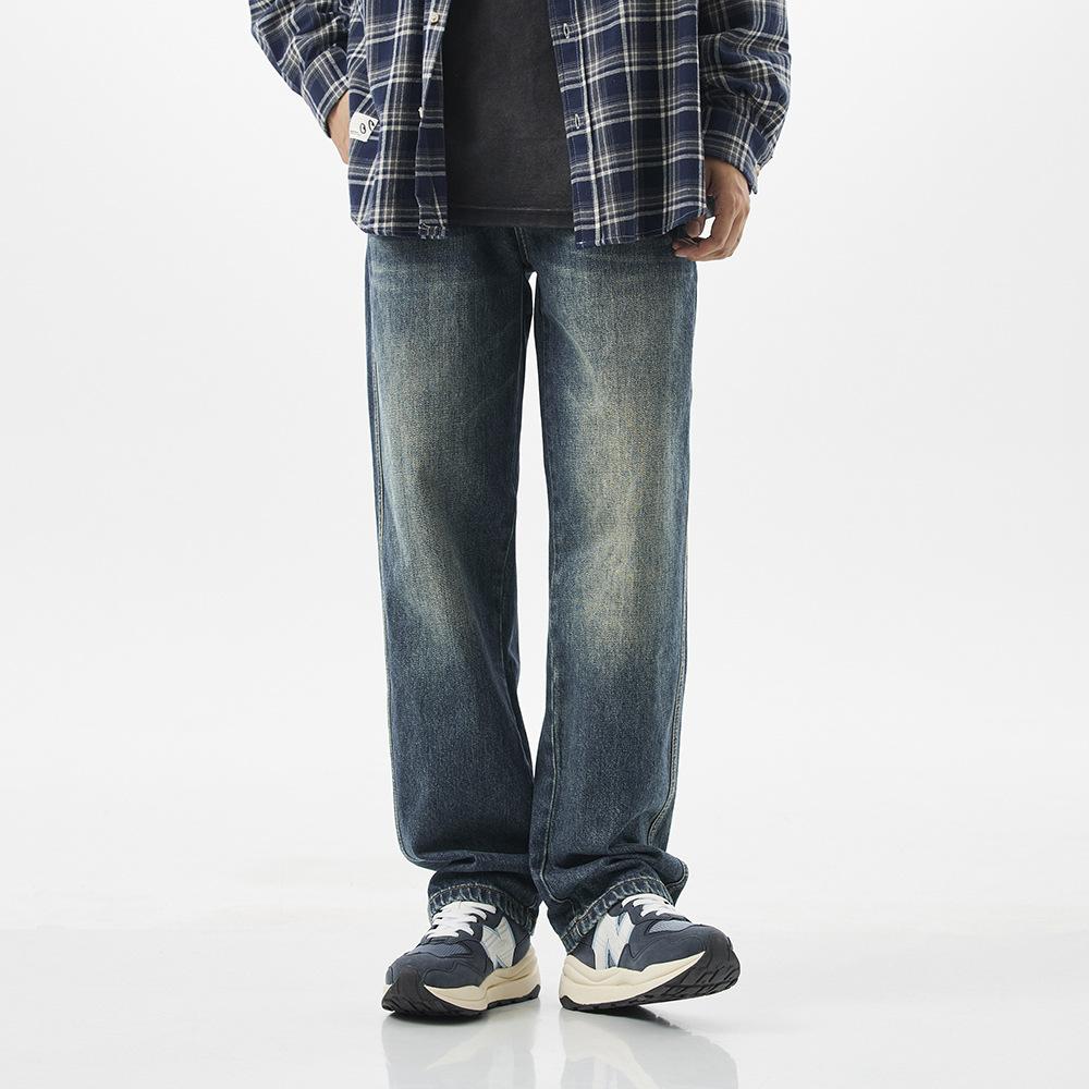 Retro loose American street jeans men's and women's casual fat mopping pants washed blue retro straight pants