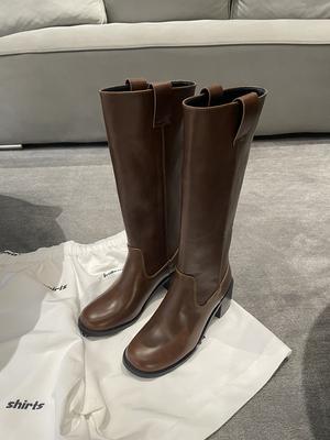 Cowhide Version~ Thick Heel Wide Tube High Boots Women's New Autumn Leather Sleeve Is Thin But Knee Boots Knight Boots