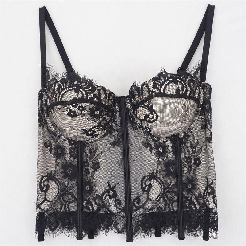 Hot-Selling Black Lace Sexy Hollow-Out Camisole Slim-Fit Tank Top with Chest Pads for Women Black 40