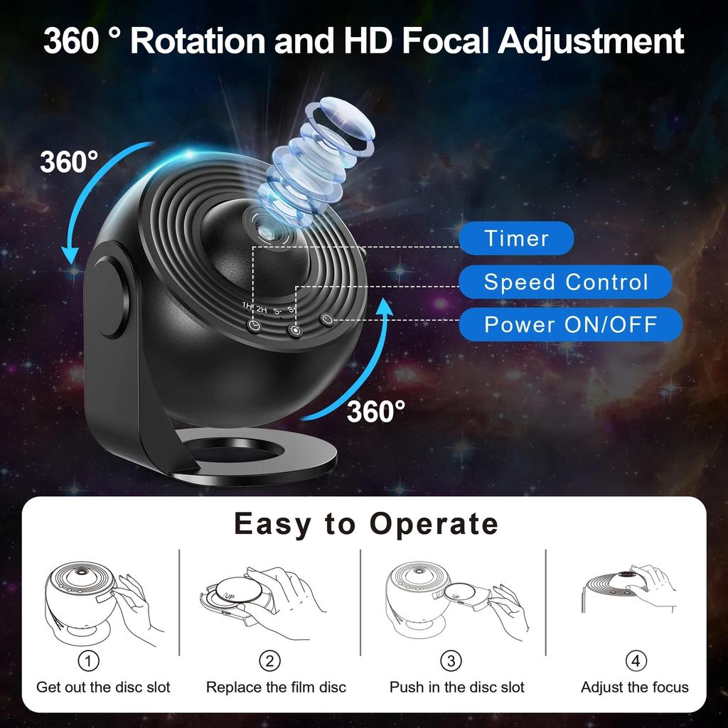 Planetarium Galaxy Projecto Star Projector 360°Rotation Mute Design HD Image Timing for Bedroom Birthday Christmas Decor