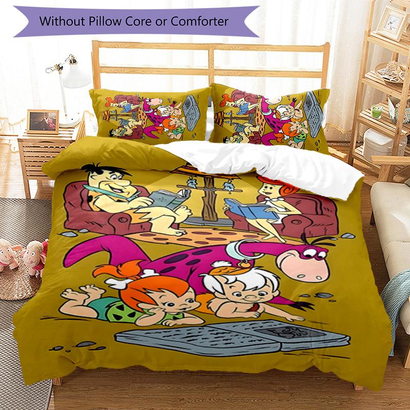 Flintstones 3pcs Bedding Set Duvet Cover Closure Includes 1 Duvet Cover & 2 Pillowcases for All Seasons Bedroom Home Dorm Decor