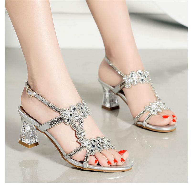 Sandali Estivi Nuovo Stile con Strass e Tacco Alto da Donna Open Toe Moda Sexy Scarpe da Spiaggia Scarpe Romane Incrostate di Diamanti