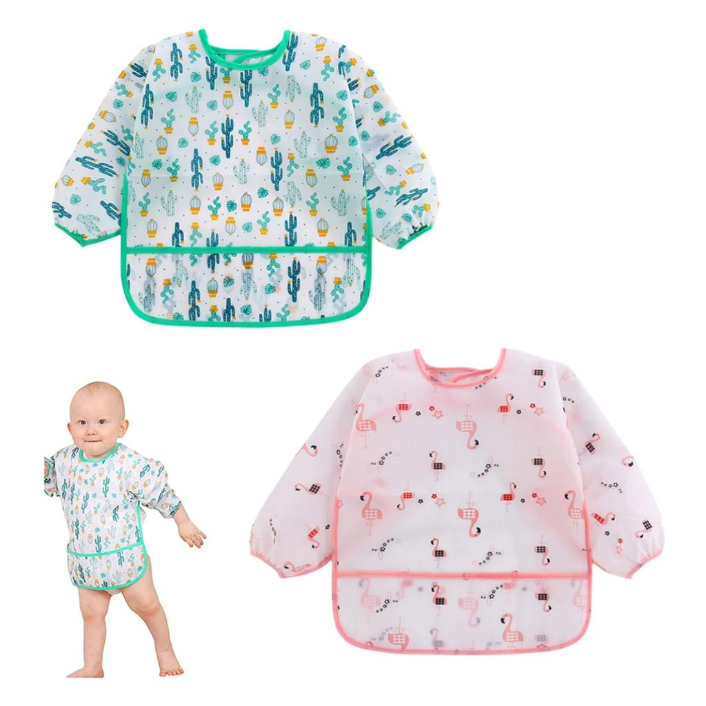 Long Sleeve Waterproof Bib Set 2 Pack Adjustable Size No Fluorescent Agent 6-36 Months Flamingo Cactus
