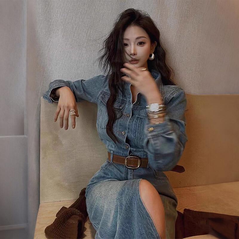 Women s Vintage Denim High-Slit Lapel Waist-Cinching Long Dress M