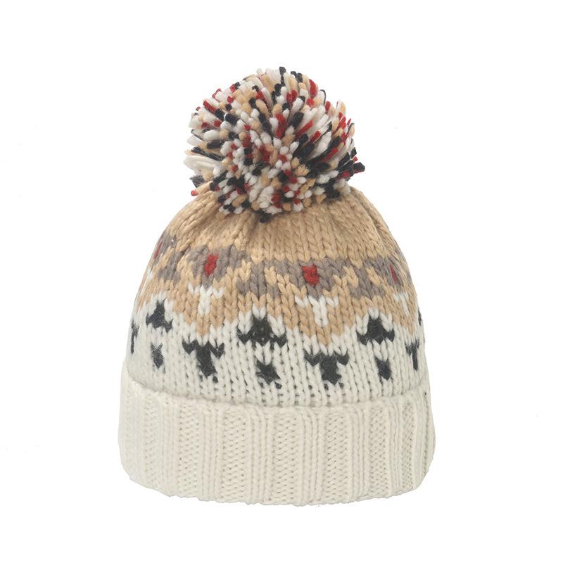 2025 autumn and winter new warm mohair knitted hat mixed color geometric rhombus jacquard hairball wool hat winter hat women