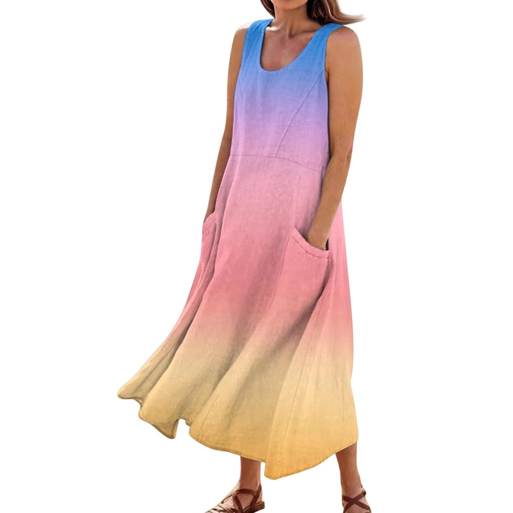 Women's Summer Casual Fashion Flower Printed Sleeveless  Pocket Dress