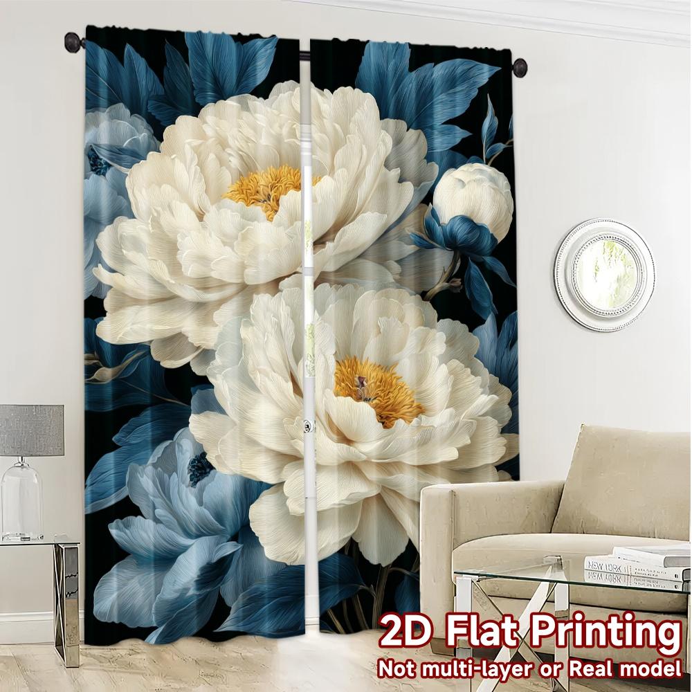 2D FLAT PRINTING 2pcs Curtains (Without Rod) Floral Elegance in Blue (4) Holiday Valentine is day Printed Curtains Polyester