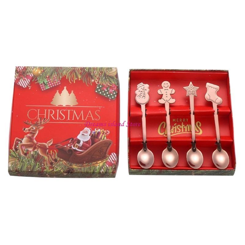 4Pieces Ice Cream Spoons Stirring SpoonS Christmas Themed Stainless Steel Material Coffee Spoons Dessert Spoons 4 Colors HX6C
