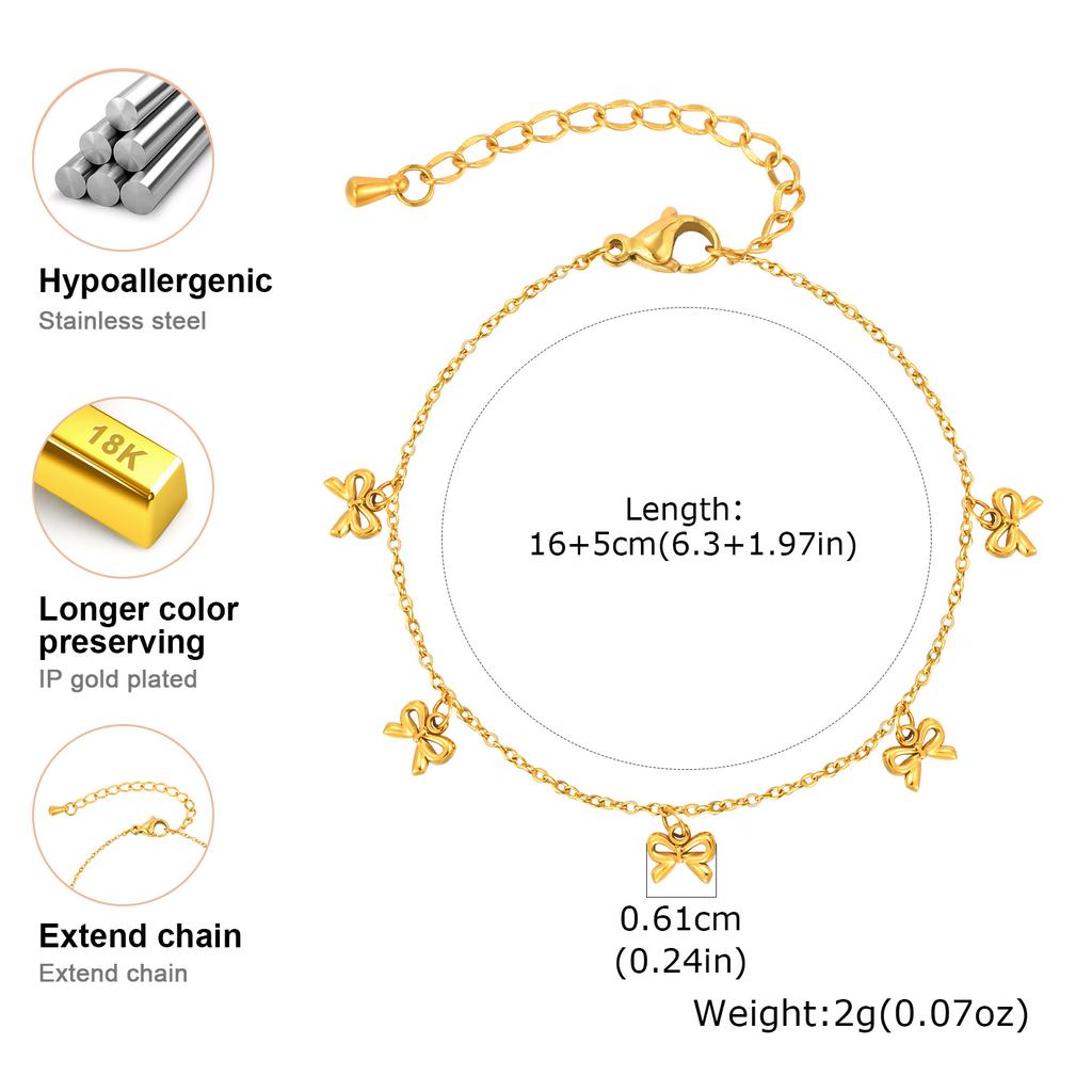 Minimalist Bowknot Bracelet for Women,Gold Color Stainless Steel Flat Rolo Chain Bow Bracelets,Trendy Waterproof Jewelry Gifts