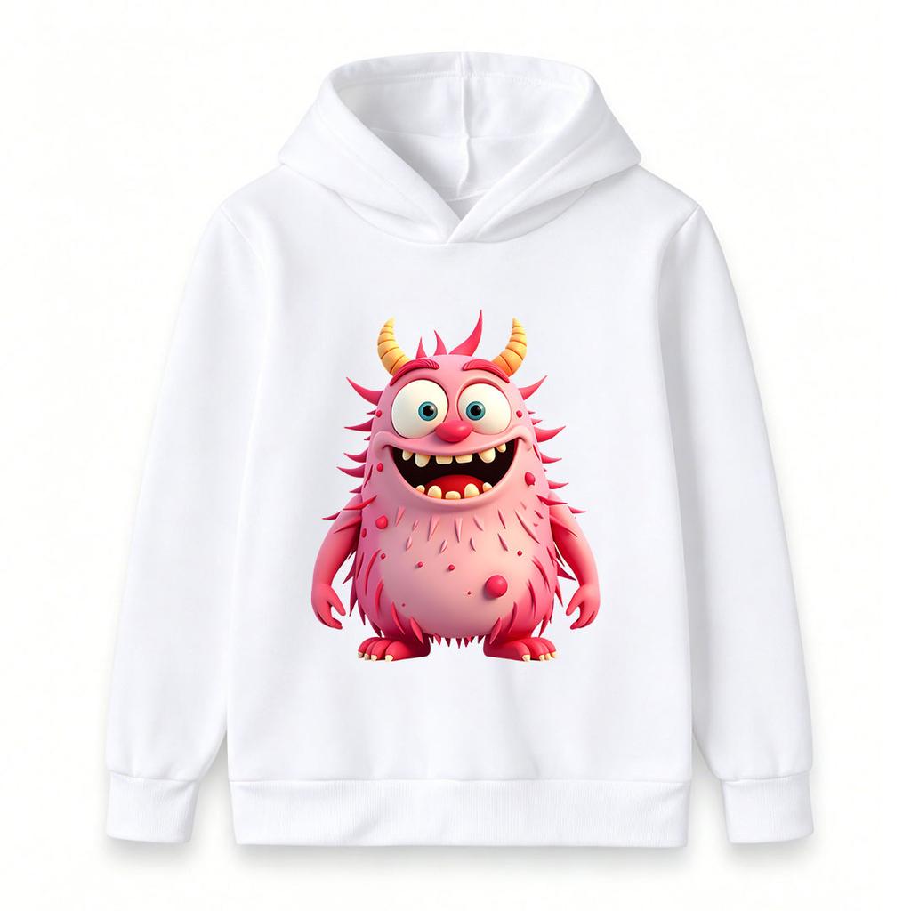 Kids Pink Fuzzy Monster Print Pullover Hoodie, Unisex Boys Girls Cute Cartoon Horned Monster Long Sleeve Casual Warm Hooded Sweatshirt for Daily Wear