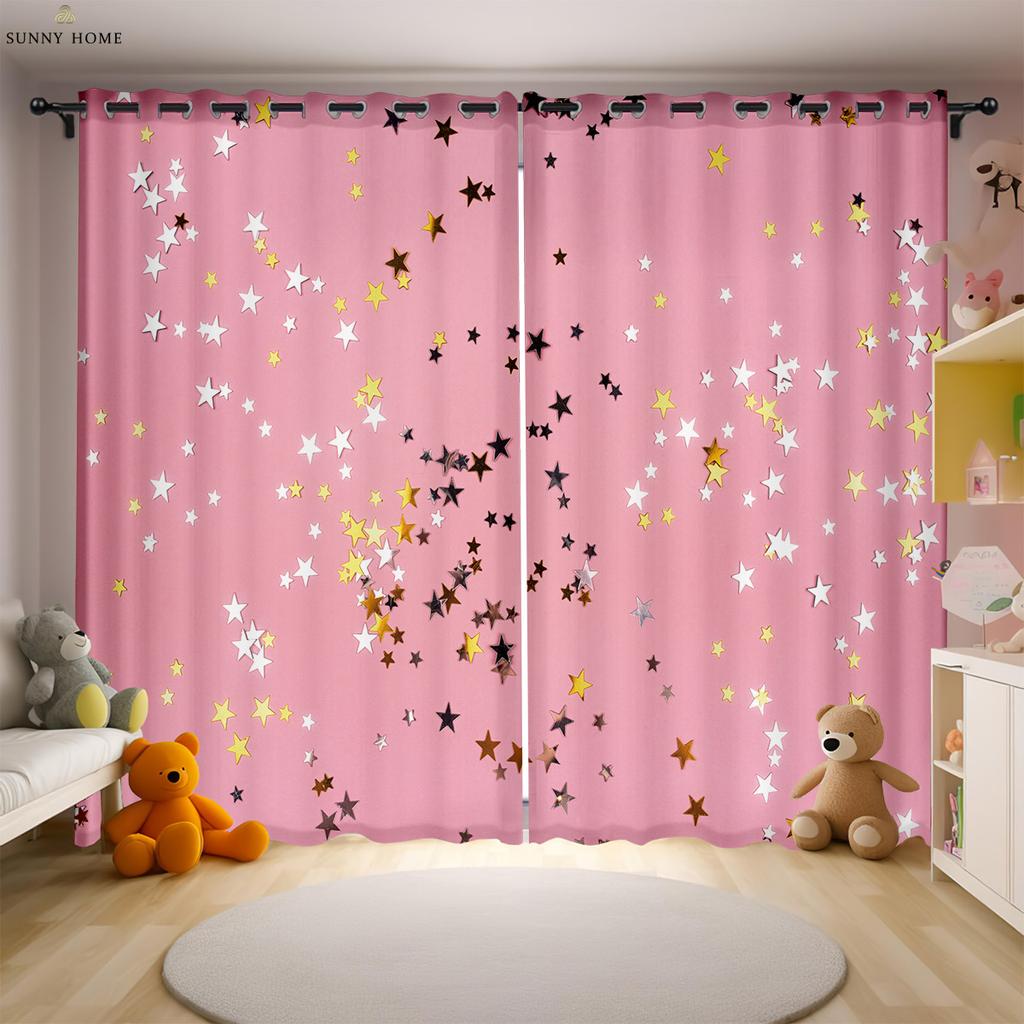 Cartoon Stars And Clouds Cute Printed Curtains For Girls' Room Window Decoration Curtains Easy To Wash And Care 2 Pieces