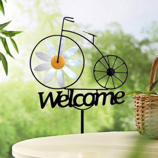 Gartenwindmühle Eisen Fahrradstil Windrad mit Willkommensschild Pfahl Außenwindmühle