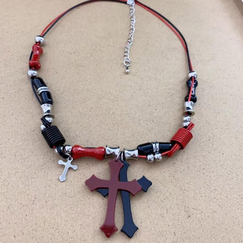 Subculture Rock Beaded Necklace Niche Retro Black Red Crossed Pendant Bead Acrylic Necklace Summer Bead Necklace Jewelry