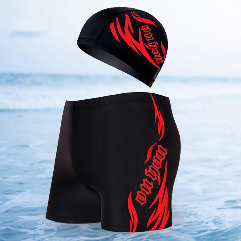 2pcs/set Men Swimsuit Large Size Quick Drying Breathable Boxer Swimming Trunks Swimming Cap