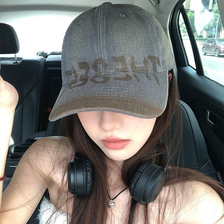 American retro washed distressed letter baseball cap for women with wide brim, suitable for large head sizes, makes the face look smaller, soft top