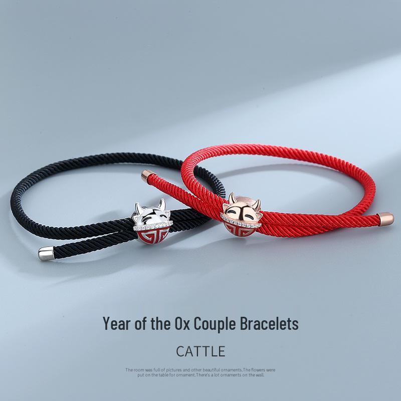 

S925 Silver Zodiac Year of the Ox Couple Bracelet - Men s & Women s Red Rope Jewelry for Christmas & New Year Platinum Black Rope