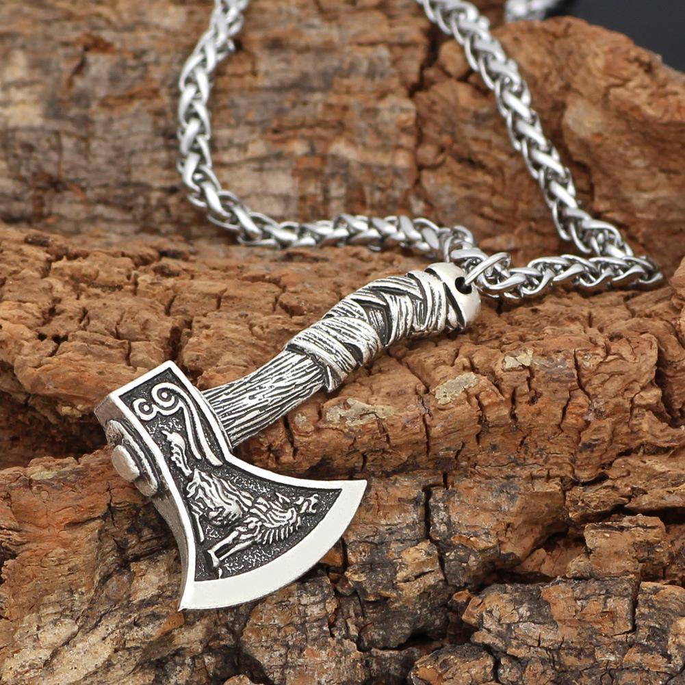 Viking Amulet: Double-sided Raven Wolf Axe & Celtic Wolf Head Pendant Necklace