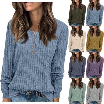 Women's Fashion Long Sleeve Pullover T-Shirt Solid Color Button Top