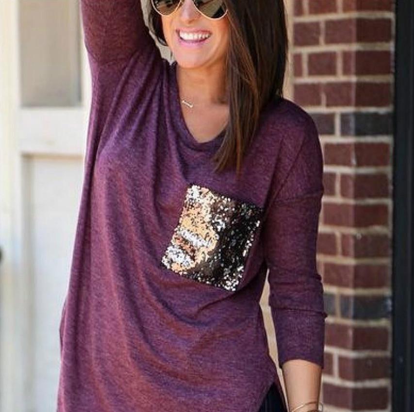 Long Sleeved Tshirt Long Sleeve Blouse Tshirt Pocket Jacket Sequin Glitter