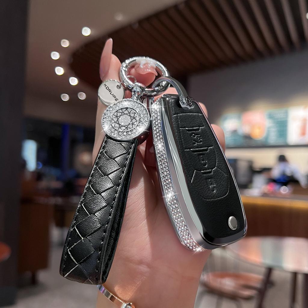 För Chevy nyckelfodral med nyckelring, Rosa äkta läder kristall nyckelfodral skyddsskal kompatibelt med Chevrolet
