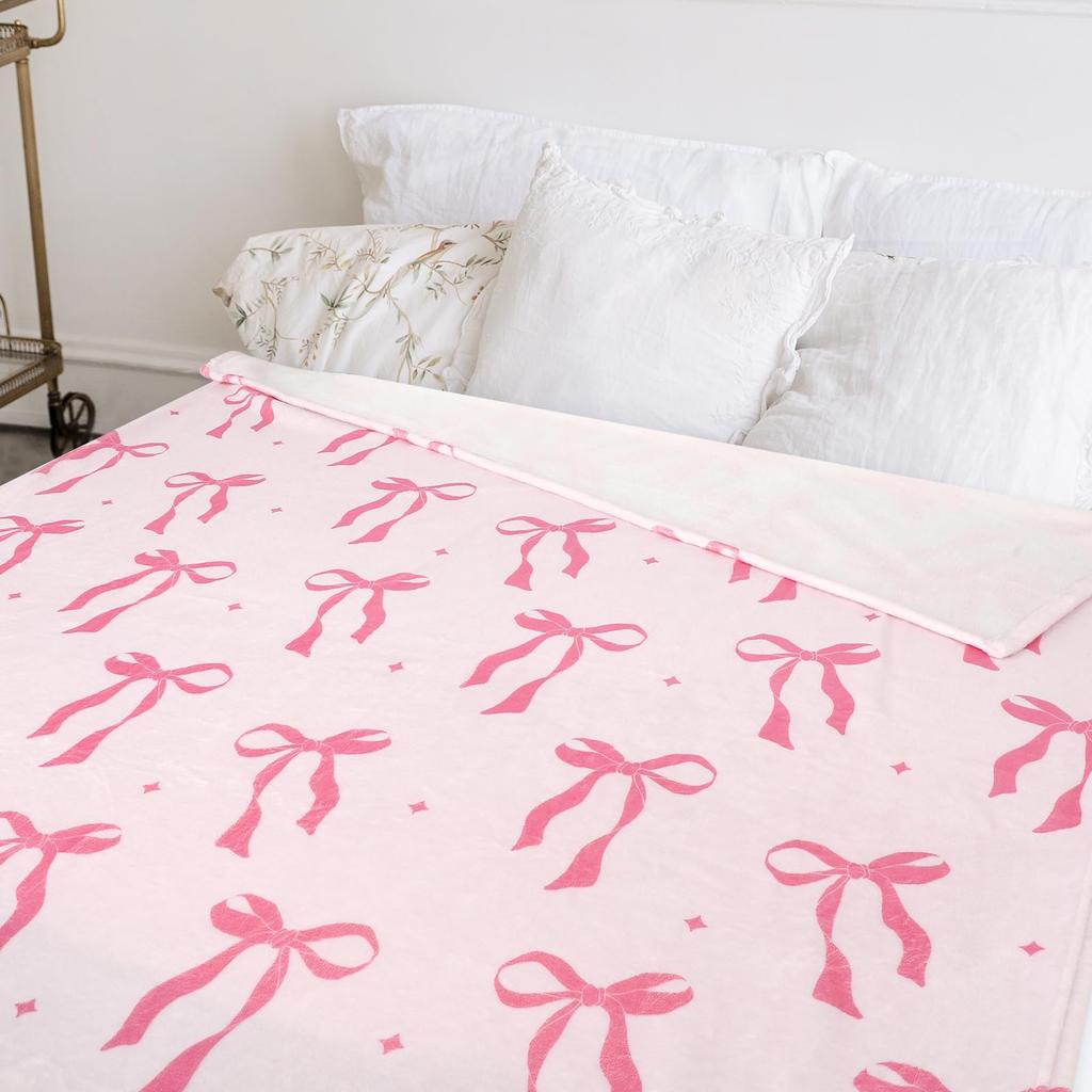 Pink Bow Fuzzy Blanket Cute Bowknot Throw Blanket Bowtie Cozy Flannel Blanket for Valentine's Day Home Bed Sofa Couch Chair