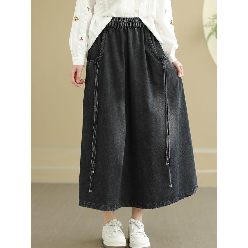 

Daile Original Spring New Arrival Artsy Cotton Retro Skirt Women s Loose Lace-up Midi Skirt Brushed White A- line Skirt Black M
