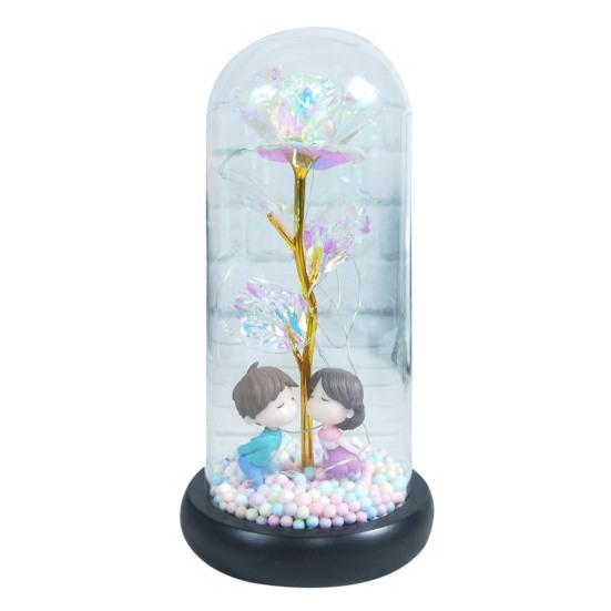 Rose Lamp Romantic Glass Dome Simulated Plastic Colorful LED Artificial Flower Decor for Valentine's Day