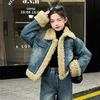 Girls' High-Quality Quilted Denim and Lamb Wool Winter Set - Fleece-Lined Jacket and Coat