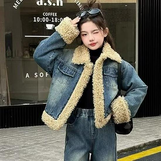 Girls' High-Quality Quilted Denim and Lamb Wool Winter Set - Fleece-Lined Jacket and Coat