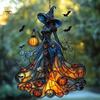 Decorative Chain Hanging Witch Acrylic Suncatcher, Stained Glass Effect Window Car Ornament, Gothic Scary Art with Pumpkin Lantern Sun Catcher