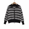 2025 Autumn Women's European & American Style Striped Lapel Long Sleeve Zipper Cardigan Jacket
