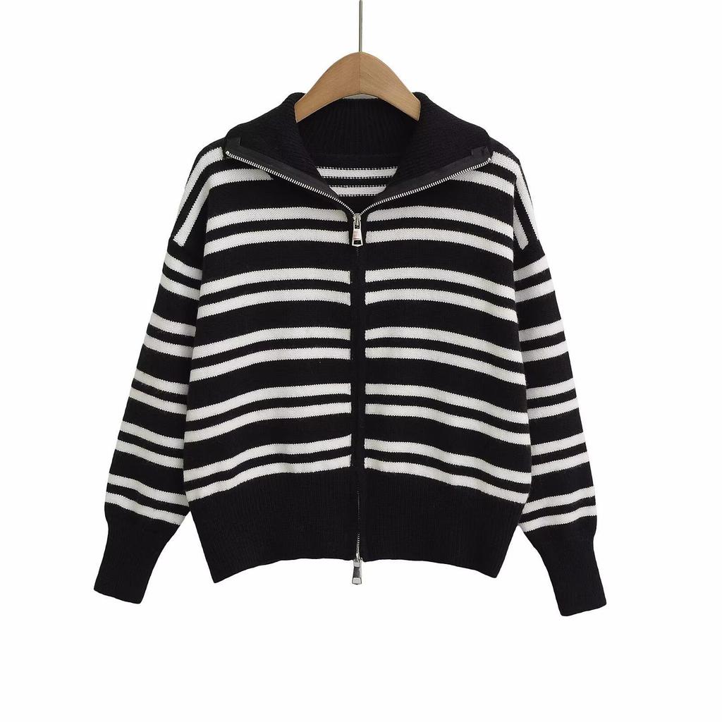 2025 Autumn Women's European & American Style Striped Lapel Long Sleeve Zipper Cardigan Jacket
