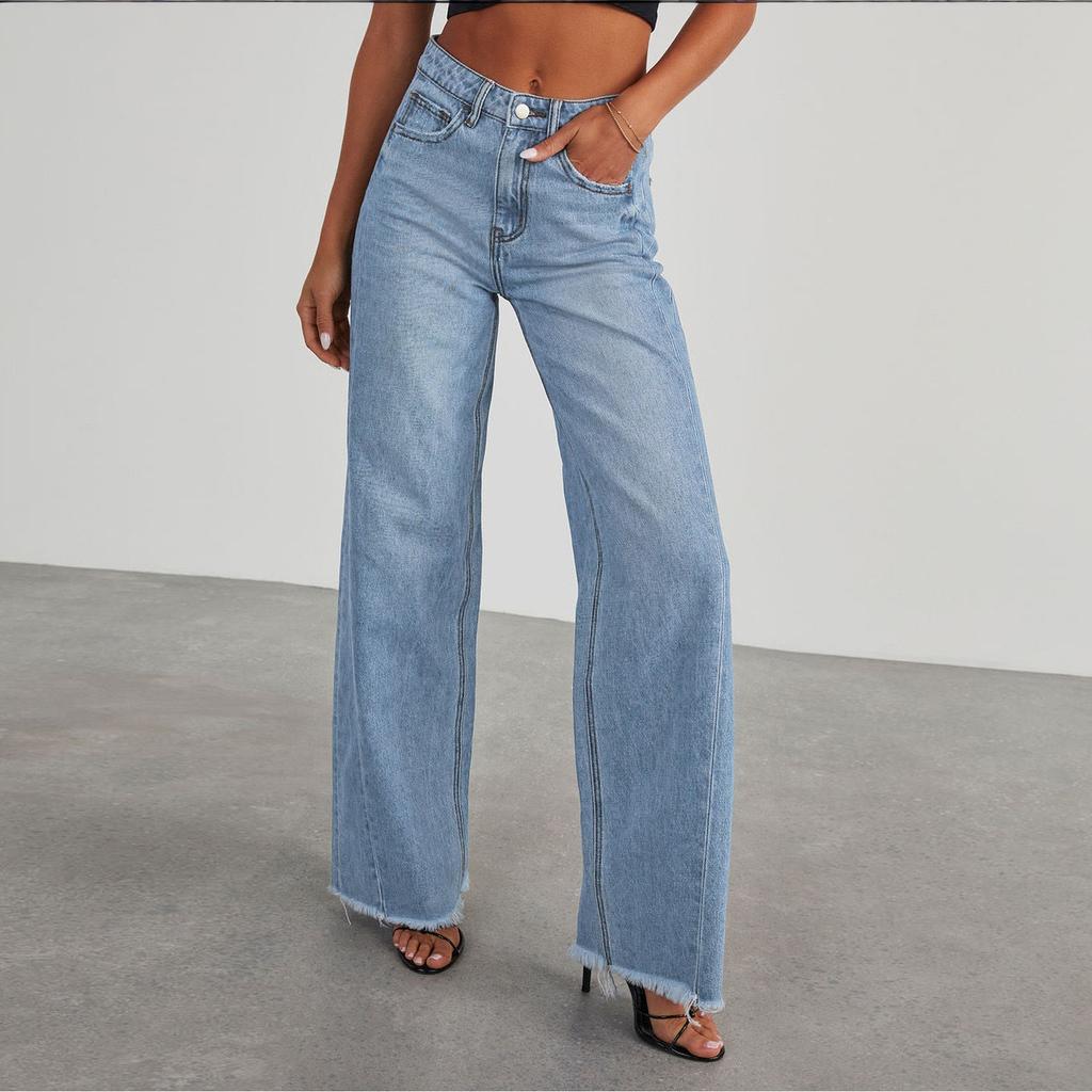 Damen Jeans High Waist Straight Wide Leg Denim Hose