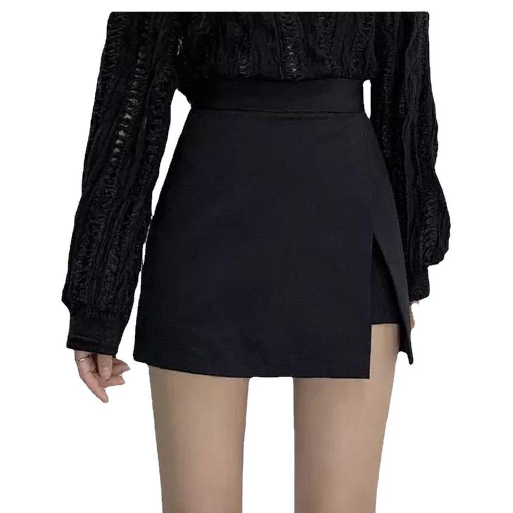 Women's Black High-Waist A-Line Summer Skirt with Slit - Slim Korean Style