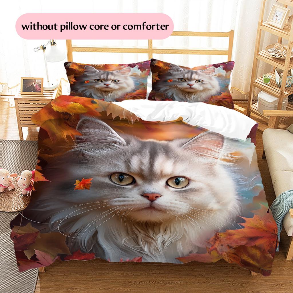 Maple Leaf Cat  Pattern Bedding Quilt Set Quilt Cover Pillowcase Home Decoration  Gift (1 * duvet cover + 2 * pillowcase, without core)