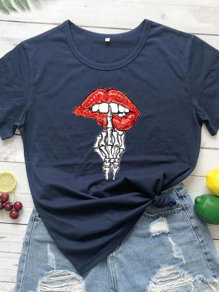 Skull Hand Red Lip Print Women T Shirt Short Sleeve O Neck Loose Women Tshirt Ladies Tee Shirt Tops Clothes Camisetas Mujer