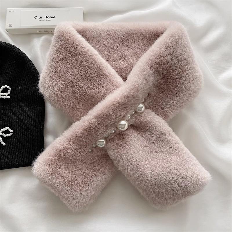 Korean Pearl Plush Faux Fur Scarf - Thick Imitation Rex Rabbit Style for Autumn/Winter