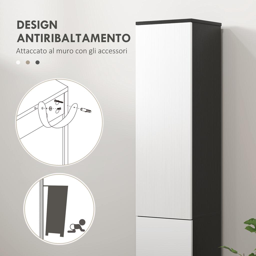 Space-Saving Bathroom Column in Wood with 2 Cabinets and Drawer, 30x28x180 cm, Black