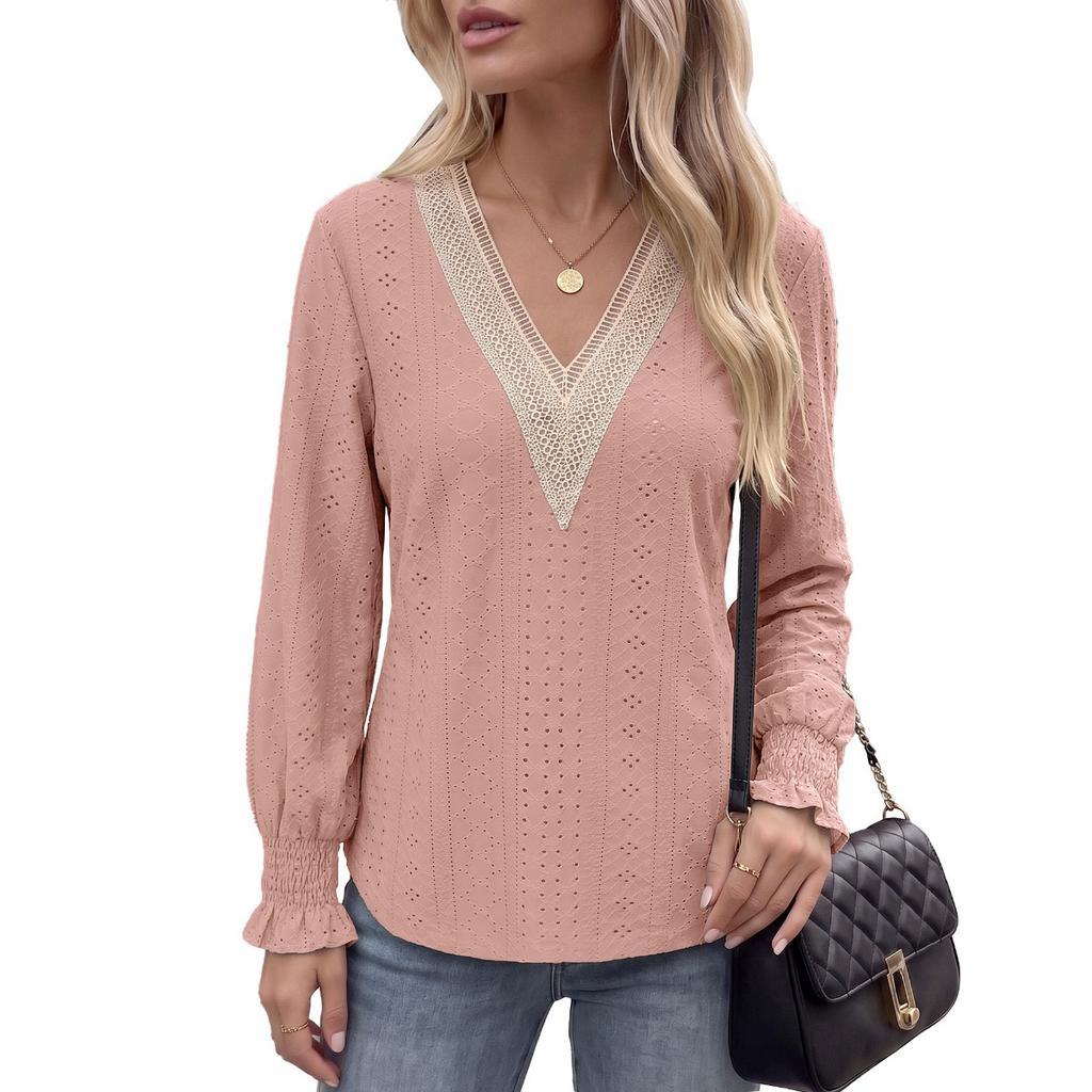 Fall Winter New Solid Color V-Neck Lace Splicing Loose Long Sleeve T-Shirt Top for Amazon EU US Cross-border Trade