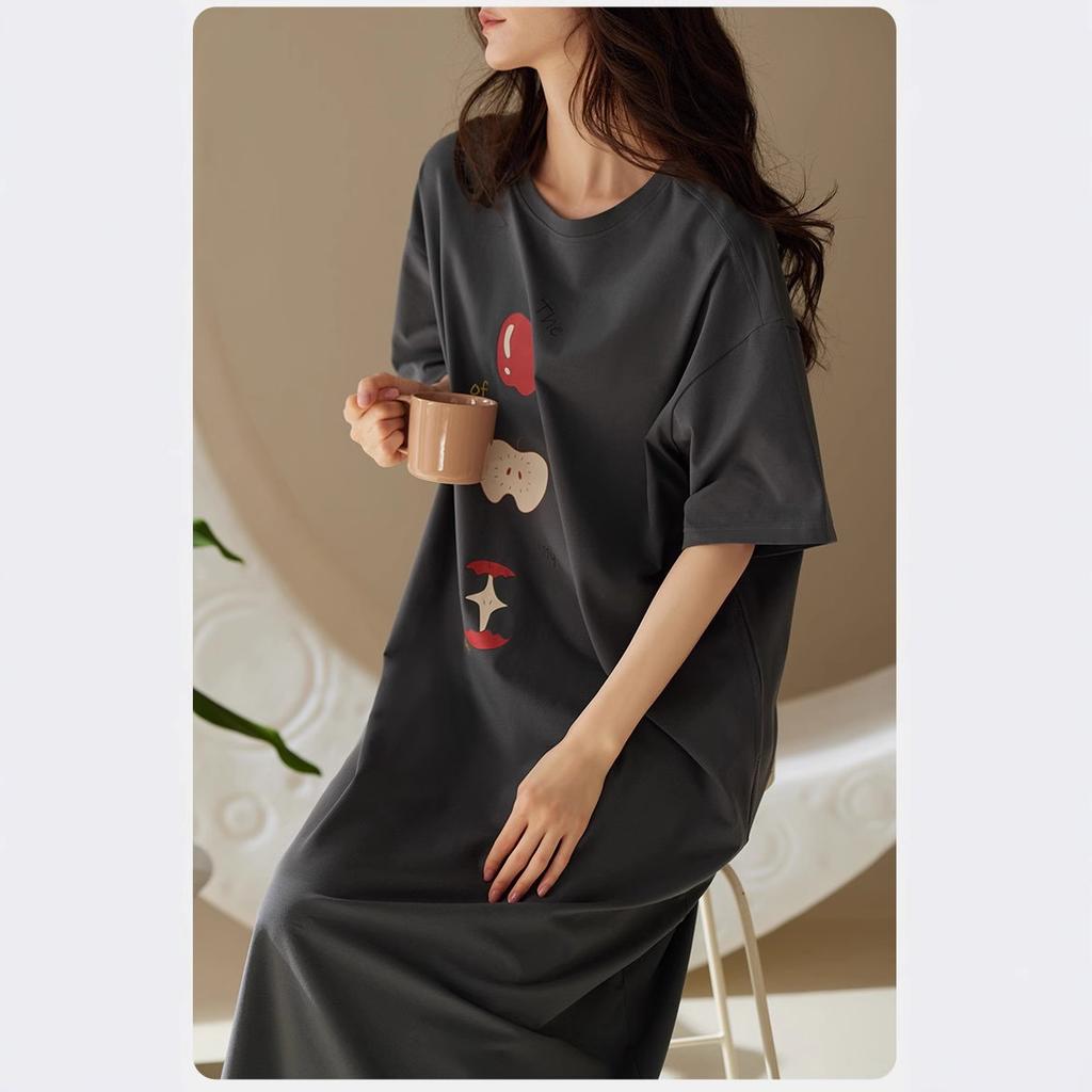 Lazy Wind Nightdress Women's Summer Korean Short-sleeved Medium and Long Knee Dress Loose Korean Version Cute Student Pajama Dress