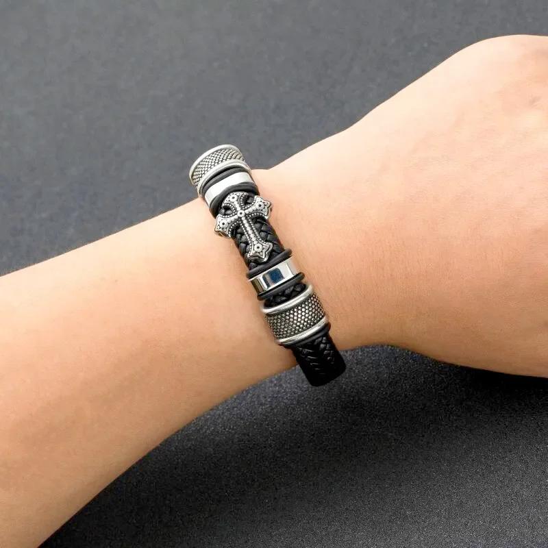 Men\\\\'s Classic Black Leather Bracelet Metal Magnetic Buckle Fashion Bracelet Jewelry Casual Daily All-Match Jewelry