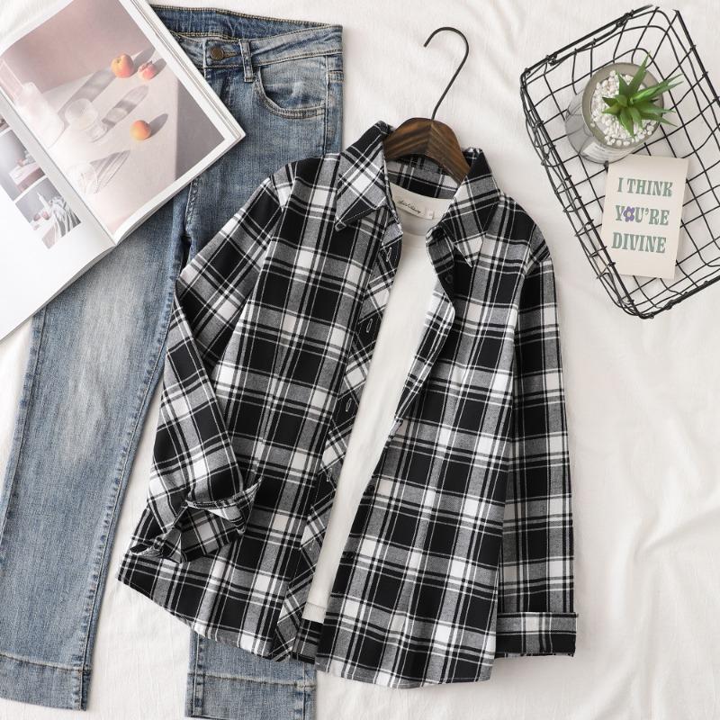 Autumn Women's Red Black Plaid Shirt Lady Fit Long Sleeve Cotton Casual Shirts & Tops Ladies Multicolor Checkered Clothes
