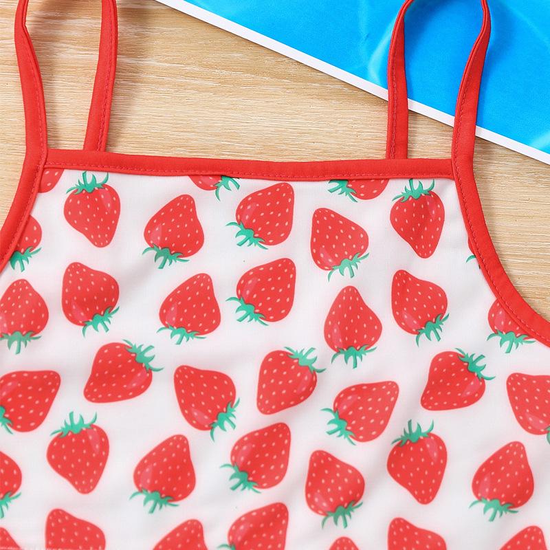 Trendy bez rukávů jahodový potisk špagetová ramínka bikiny - roztomilé 3dílné plavky