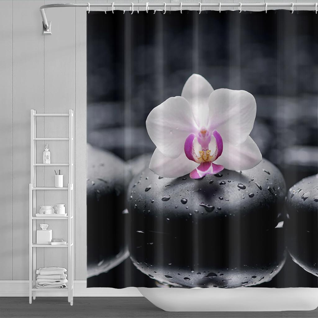 Spa Buddha Water Yoga Shower Curtain Rural Landscape Creek Stone Lotus Buddha Waterproof Polyester Bathroom Curtain with Hooks