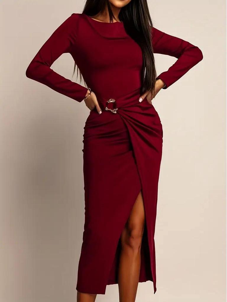 Elegant Retro Slim Fit Skirt with Waist Pleats & Metal Accents