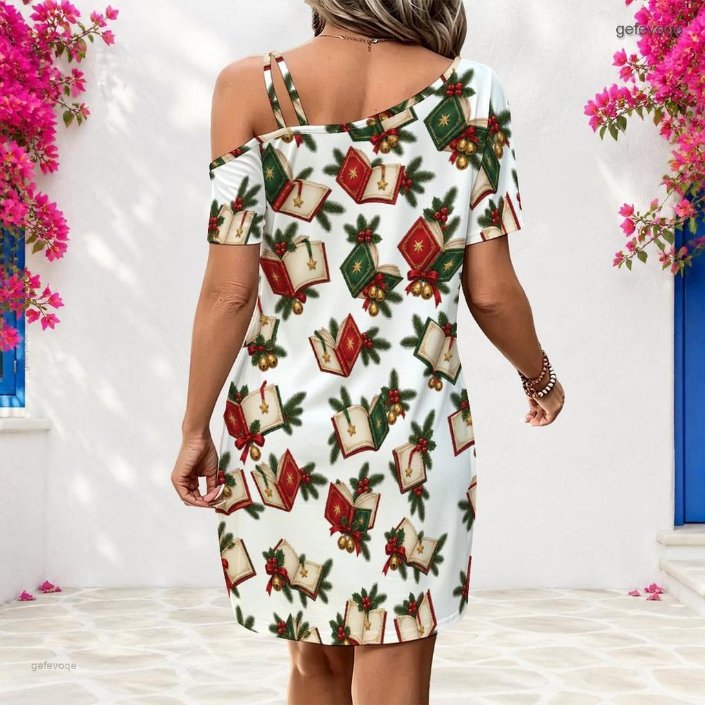 Women Plus Size One Shoulder Single Strap Short Sleeve White Printed Loose Dress