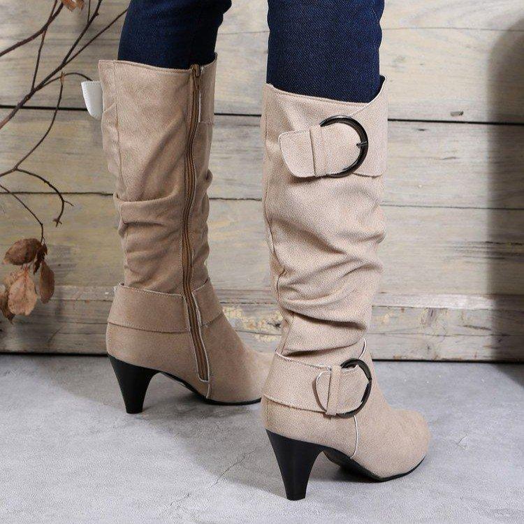 Fashion Women's Shoes Side Zip Plus Size Women's Boots Autumn Western Retro Pleated Mid-Calf Boots Women Solid Shoes Ladies