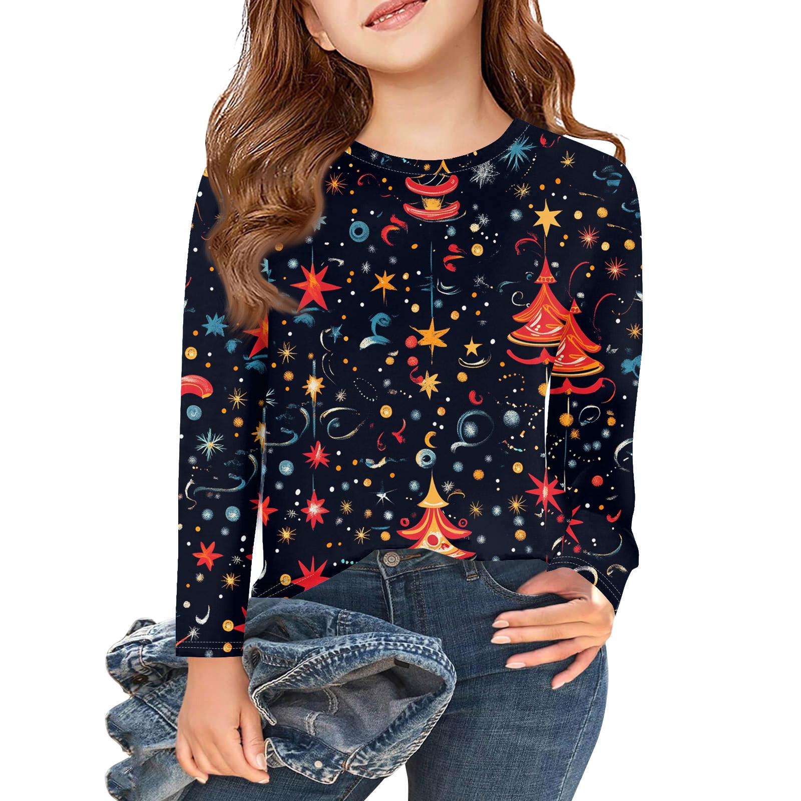 

Рождественские футболки с длинным рукавом для девочек, детские осенние топы с круглым вырезом и принтом, базовые футболки 160