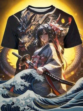 Men's Japanese Anime T-Shirt - Female Warrior and Dragon Graphic Short Sleeve