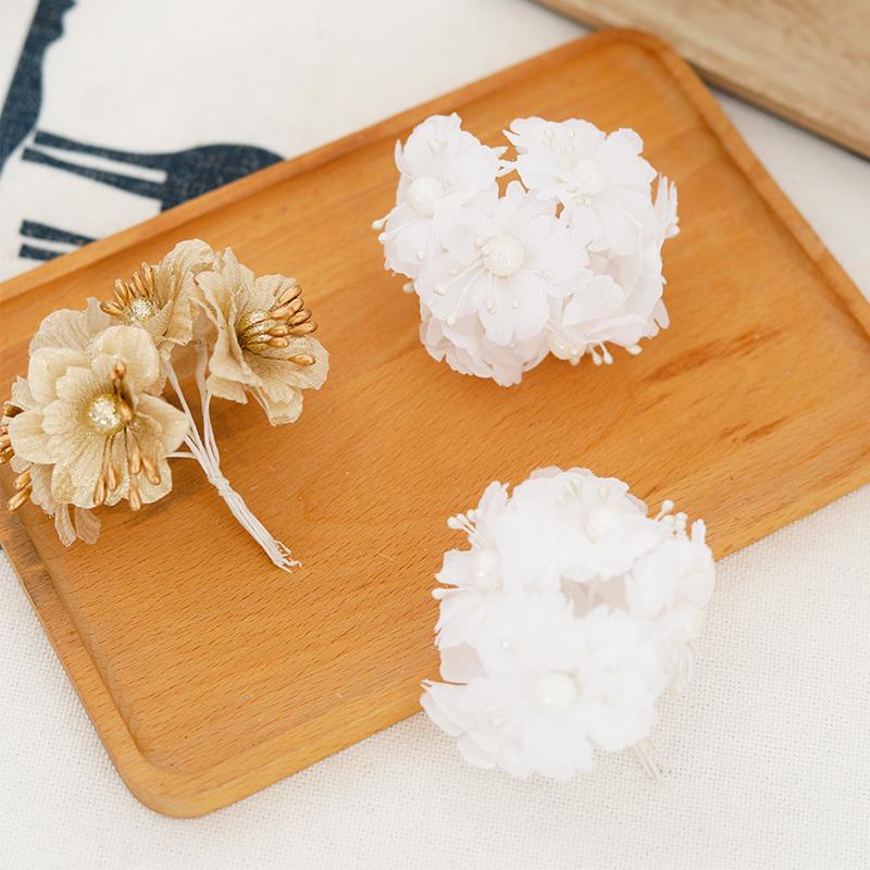 6pcs Golden Artificial Flowers Small Bouquet Christmas Wedding Home Decor Scrapbook Fake Plant Gift Box Wreaths Party Accessory